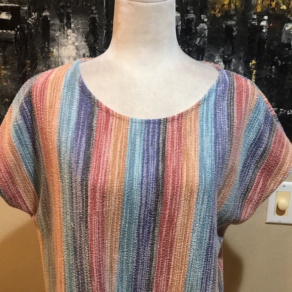 W5 (Anthropologie) Striped Rainbow Colored Knit Tie Waist Top-Size L - Picture 2 of 8